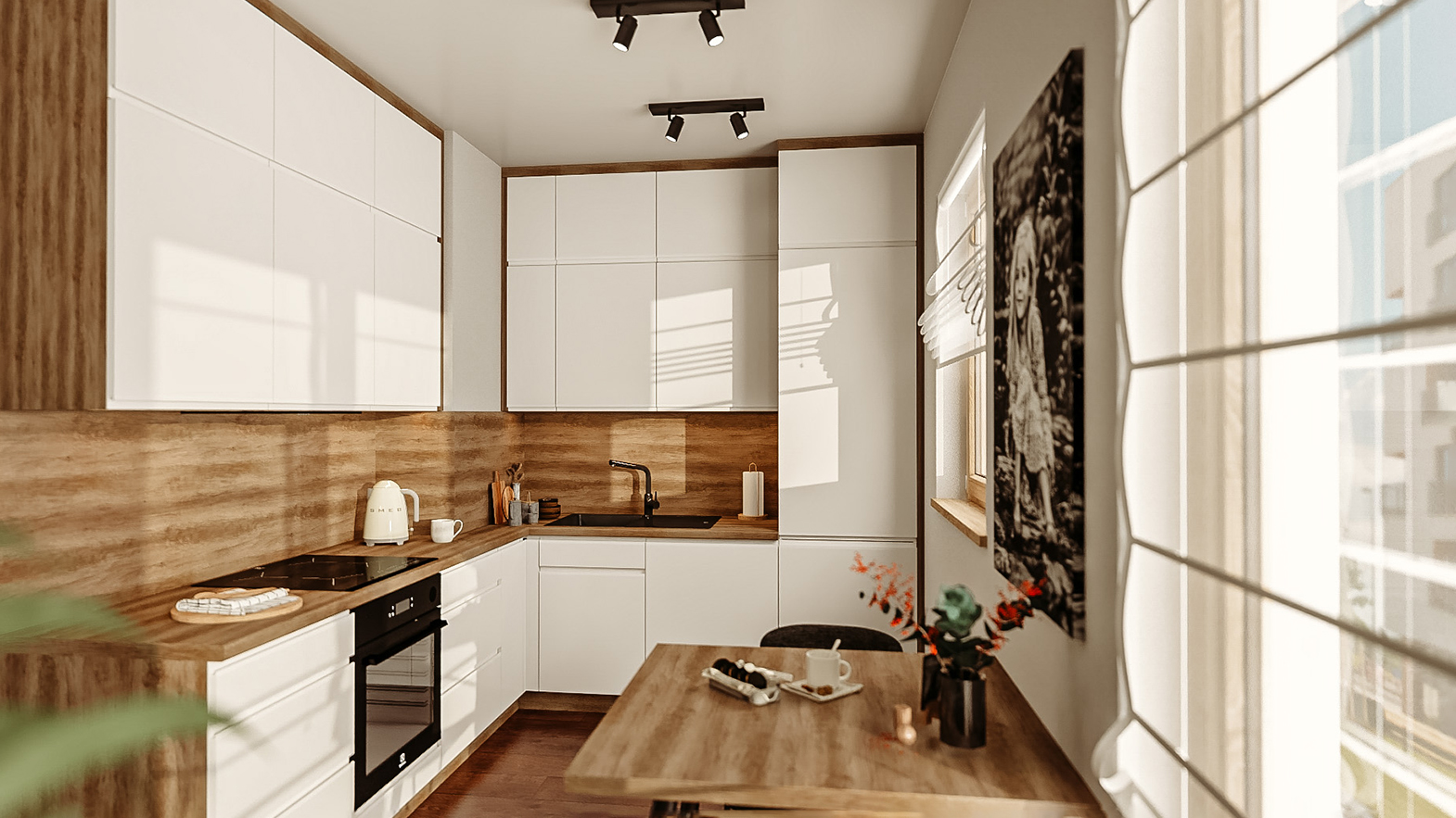 wąska kuchnia w kształcie litery L